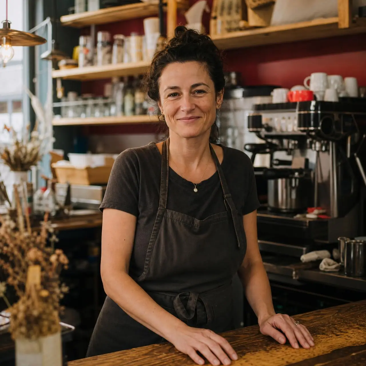 Inhaberin eines kleinen Cafés hinter dem Tresen