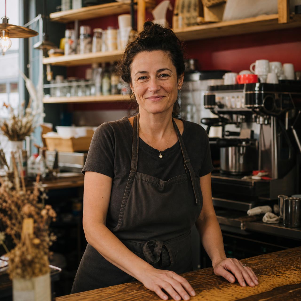 Inhaberin eines kleinen Cafés hinter dem Tresen